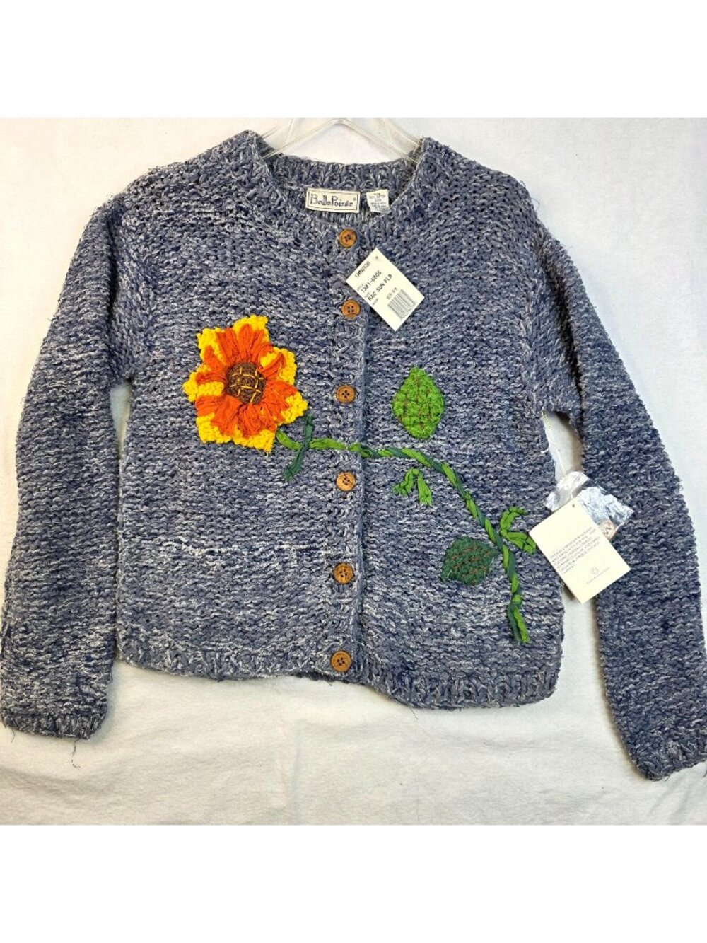 BellePointe L XL Denim Blue Cotton Rag Cardigan Sunflower Floral Knit Sweater